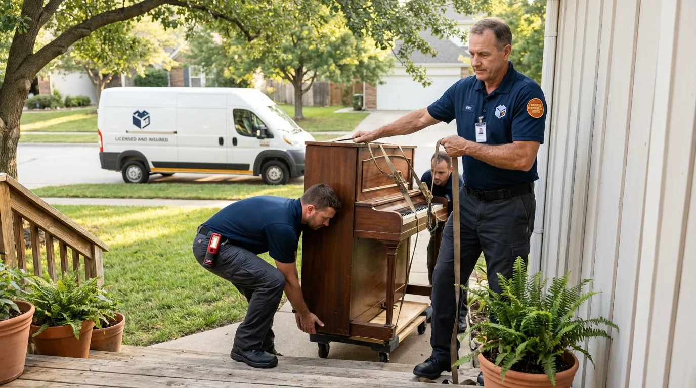 Licensed piano movers securing grand piano in Bogalusa, LA