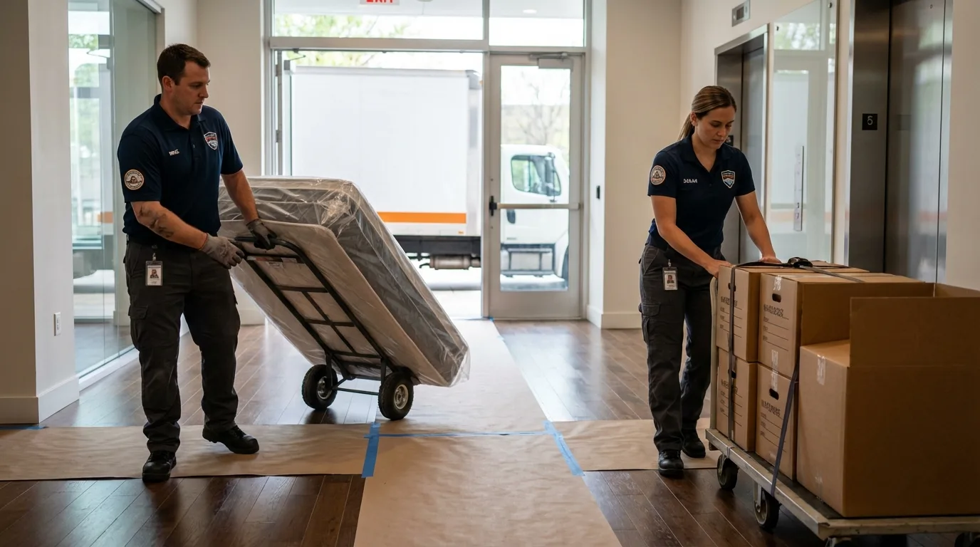 Professional apartment movers loading elevator in Bogalusa, LA