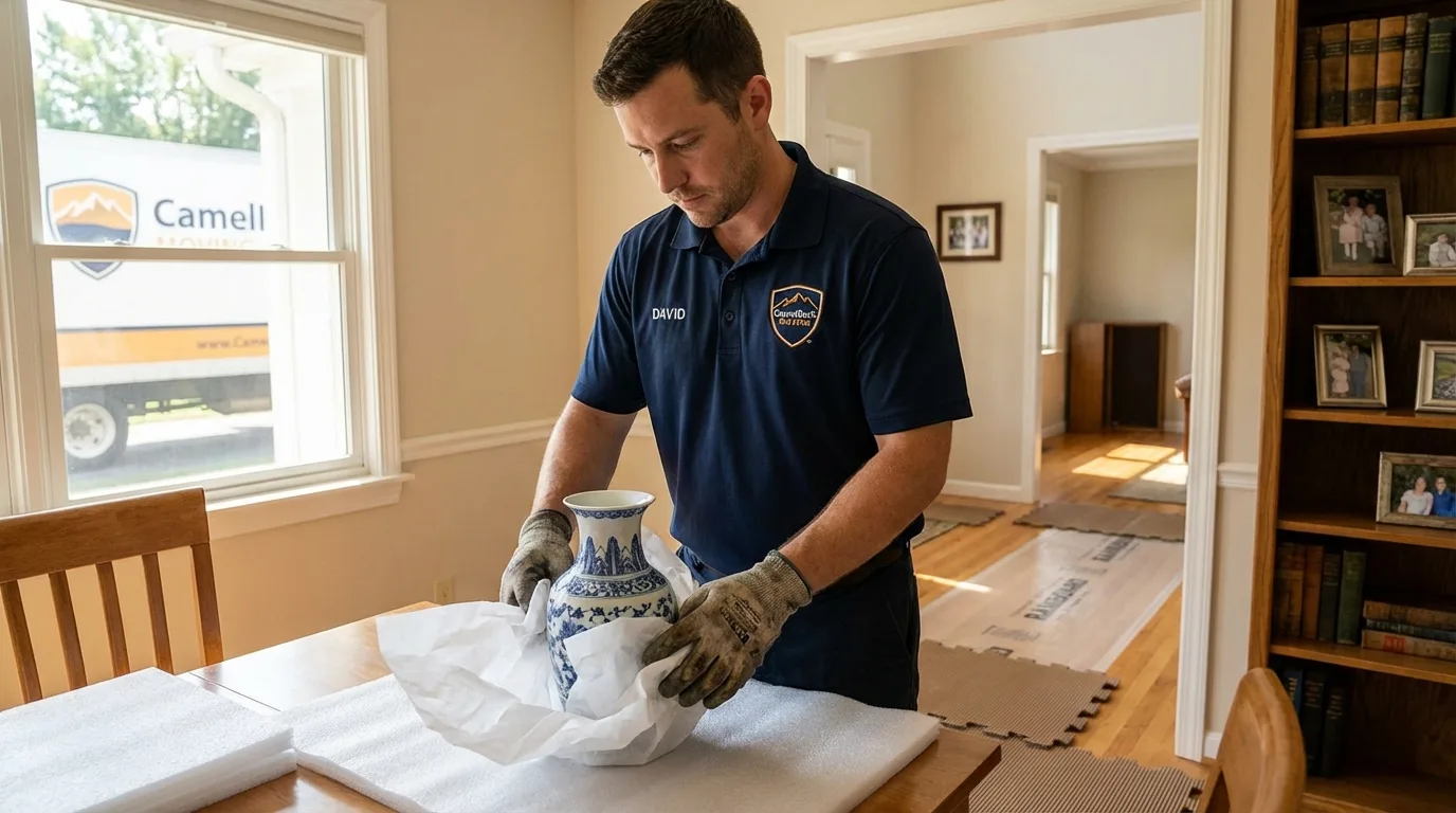 Professional crew carefully wrapping antique vase for senior downsizing move in Bogalusa, LA
